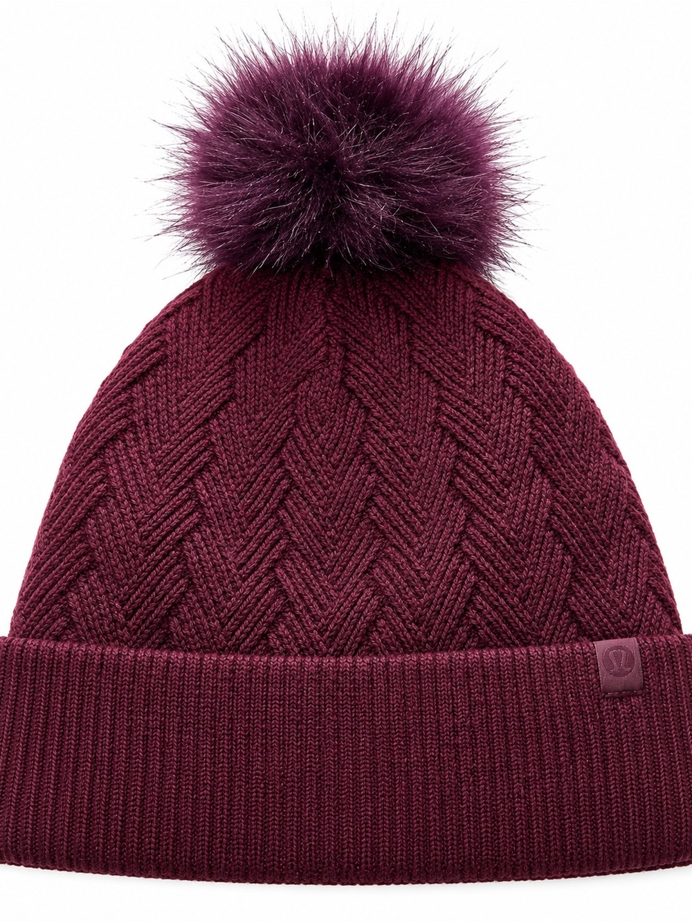 lululemon athletica Burgundy Cable Knit Beanie with Faux Fur Pom